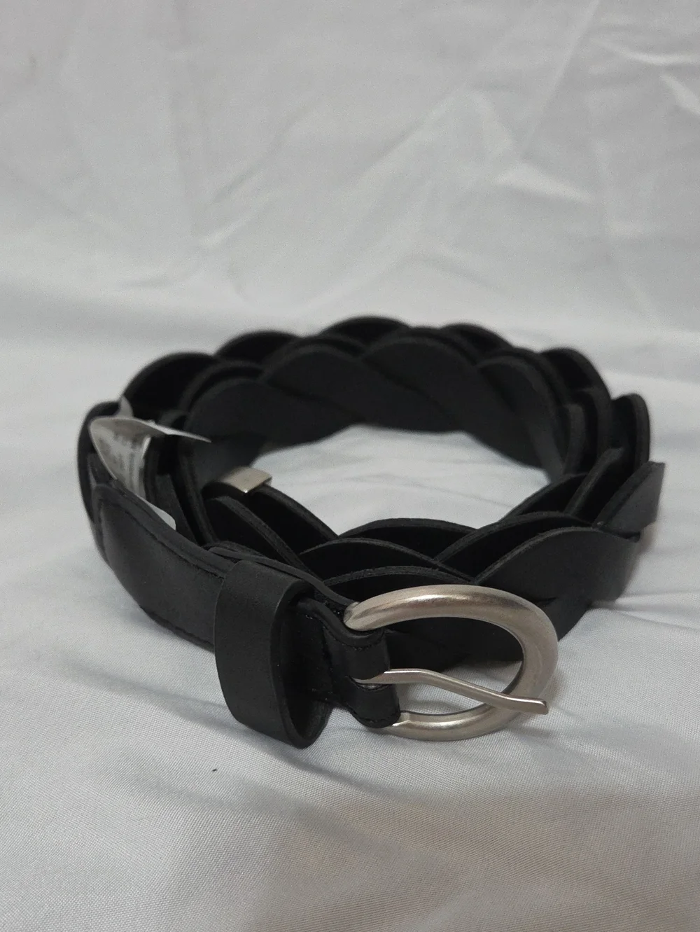Black Braided Faux Leather Belt w/Silver Oval Buckle, Large, Like New Condition